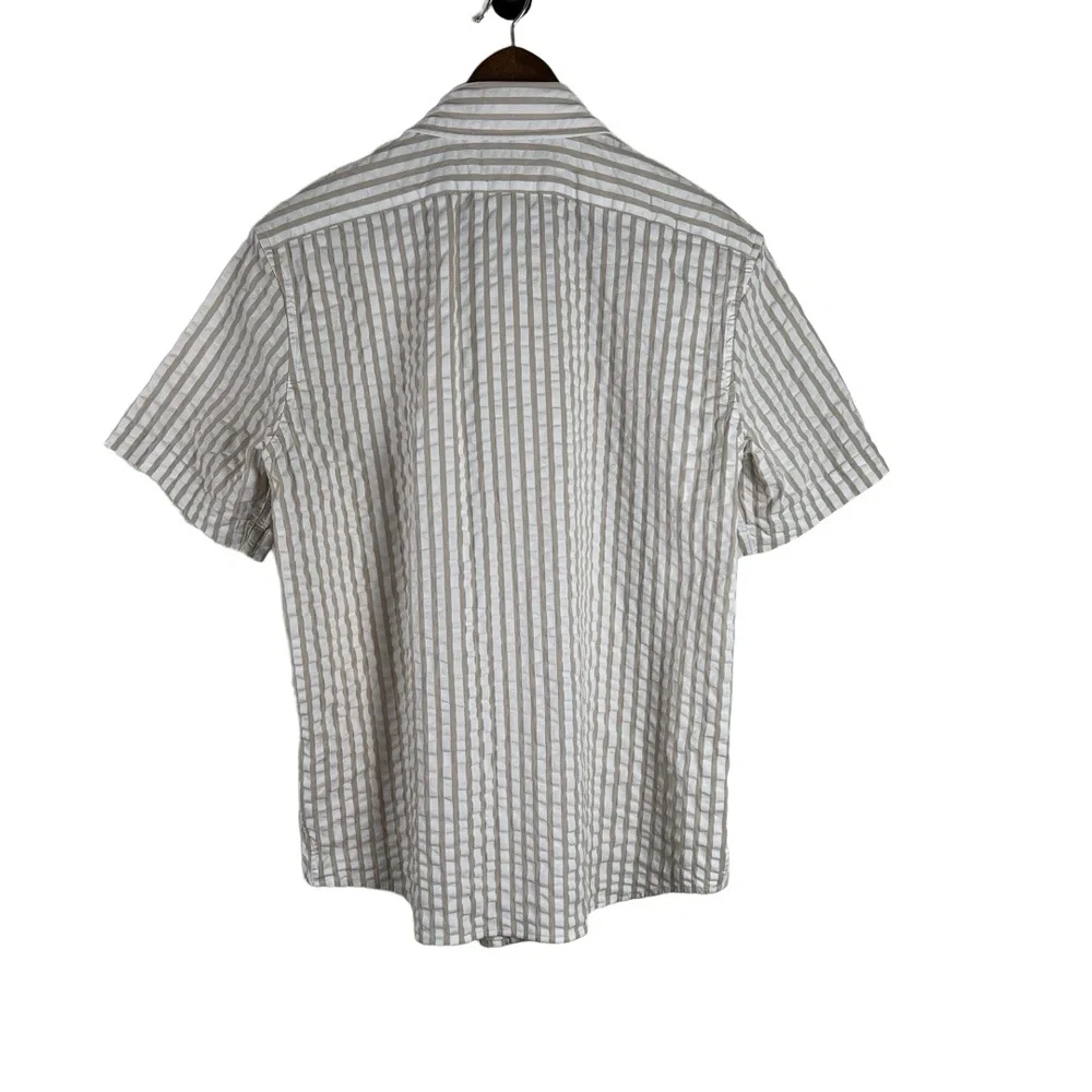 Banana Republic Shirt Medium Khaki White‎ Seersucker Camp Shirt Coastal Preppy